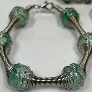 Industrial Design Bracelet Wire Springs & Clear and Green Glass Balls